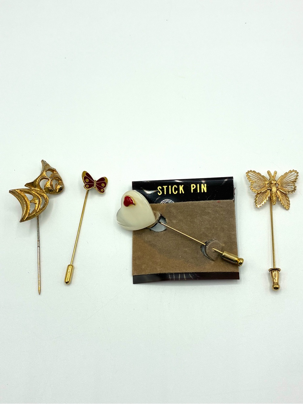 Vintage Stick Pin Lot Monet Butterfly Pearlized Heart Theater Mask Gold Tone 4pc